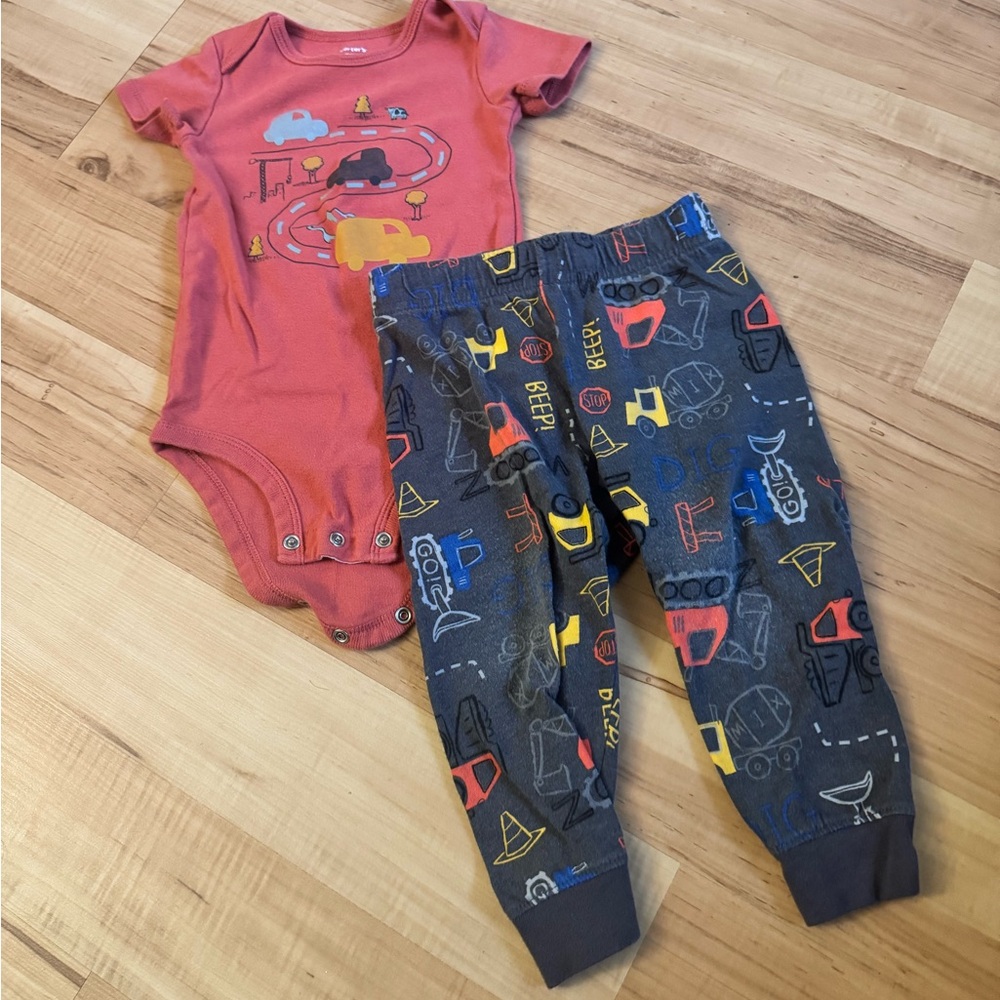 Burnt Orange Onesie and Gray Construction Pants Set